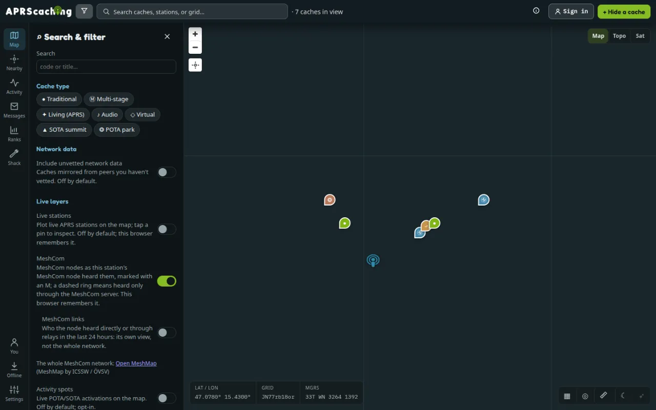 Search and filter on a computer, with cache types and live layers