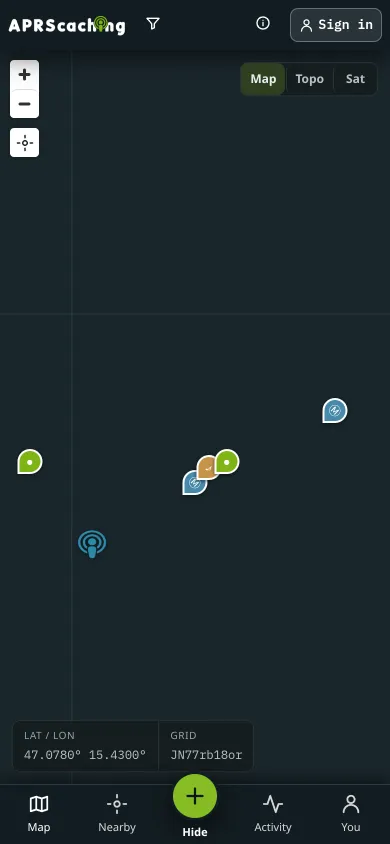 The map on a phone, with cache markers and the bottom bar