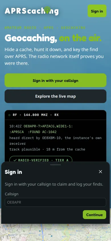 The sign-in sheet on a phone, with the callsign field and the Continue button